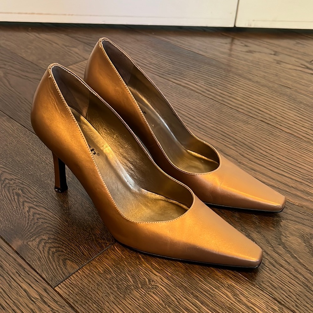 Sergio Zelcer Bronze Metallic Pointed Square Toe Heels